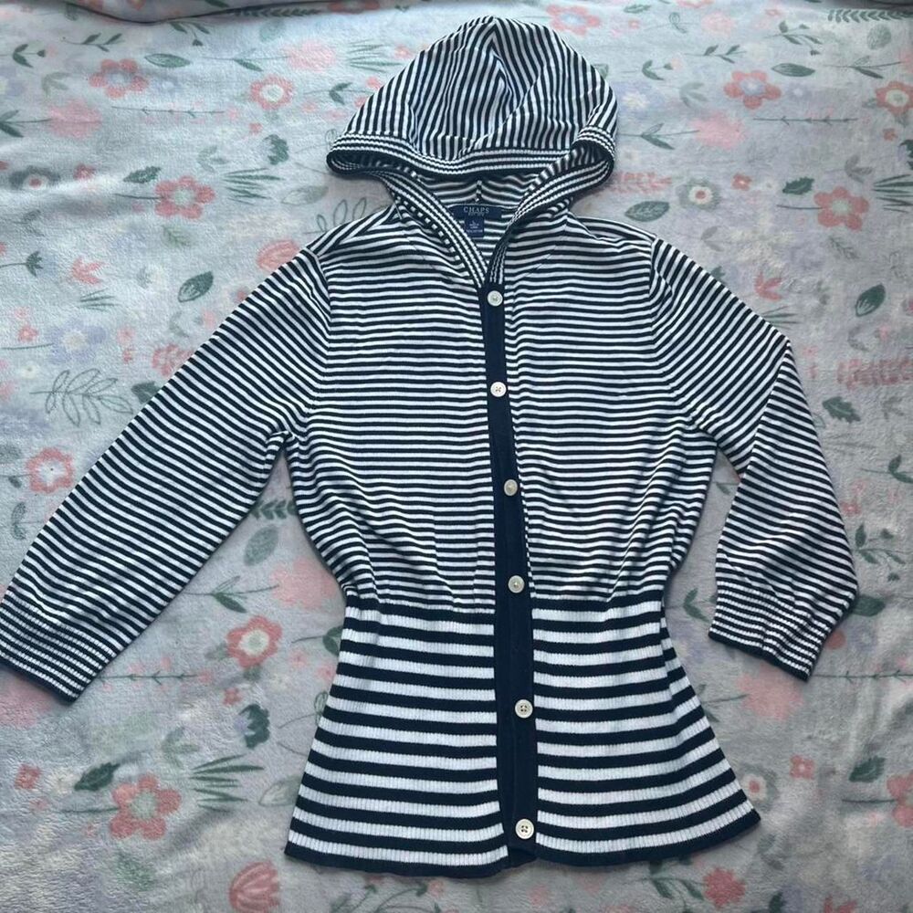 Chaps Striped Hoodie Cardigan Sweater L Nautical Coastal Preppy Retro Fisherman